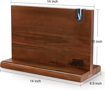HOSHANHO Magnetic Knife Block 14 x 10 Inches, Double Sided Magnetic Knife Holder Rack for Kitchen Counter, Acacia Wood Magnetic Knife Storage Stand with Knife Sharpener