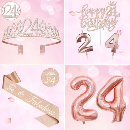 65th Birthday Decorations for Women, Including 65th Birthday Sash and Crown, Cake Topper and Candles, Number Balloons Rose Gold, 65 Year Old Gifts for Women