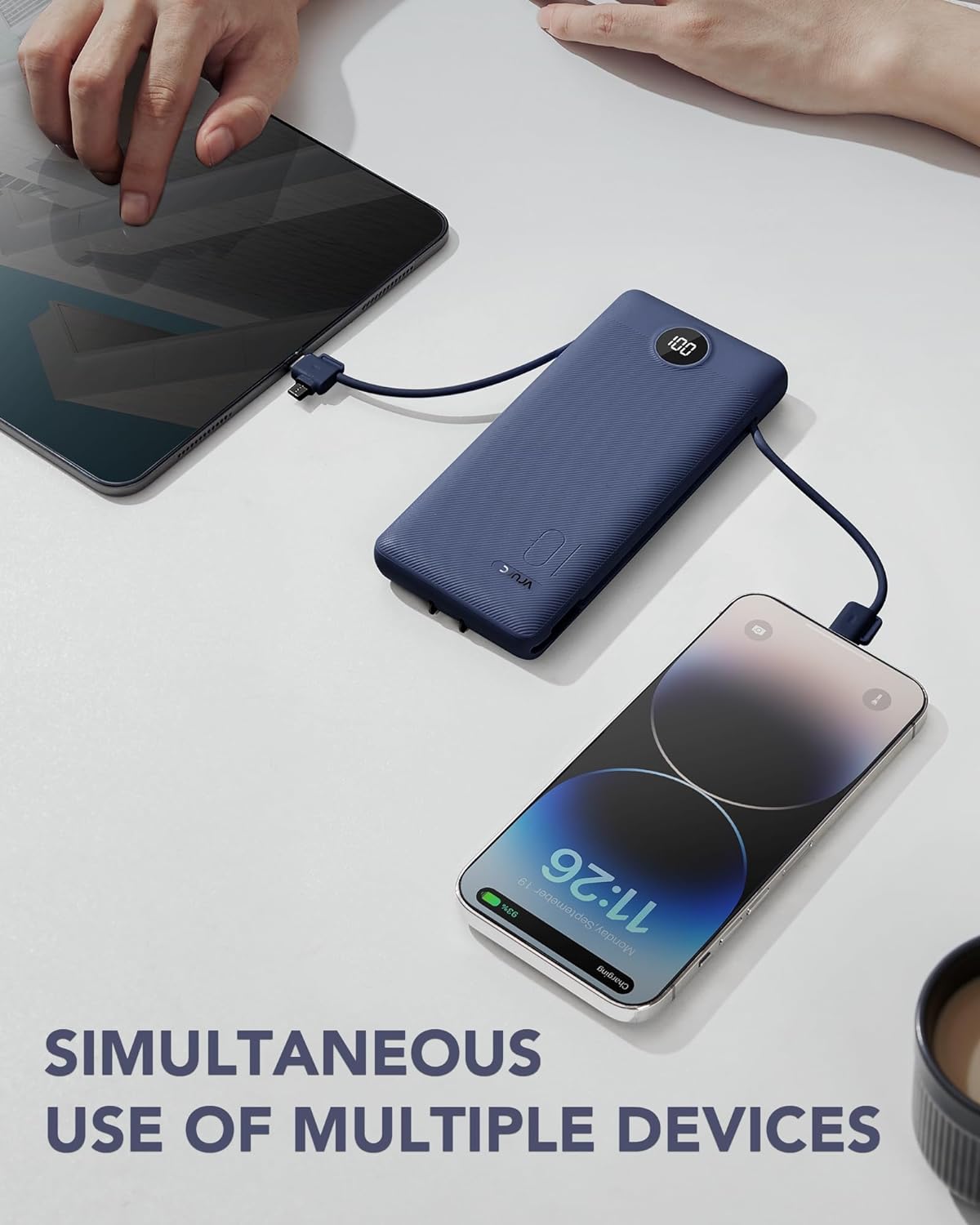 Power Bank Built-in Cables, VRURC 10000mAh Portable Charger USB C, Lightweight Charging Bank Built-in AC Plug, Replacement Battery Compatible with All Kinds of Cellphones, Tablet etc-Blue
