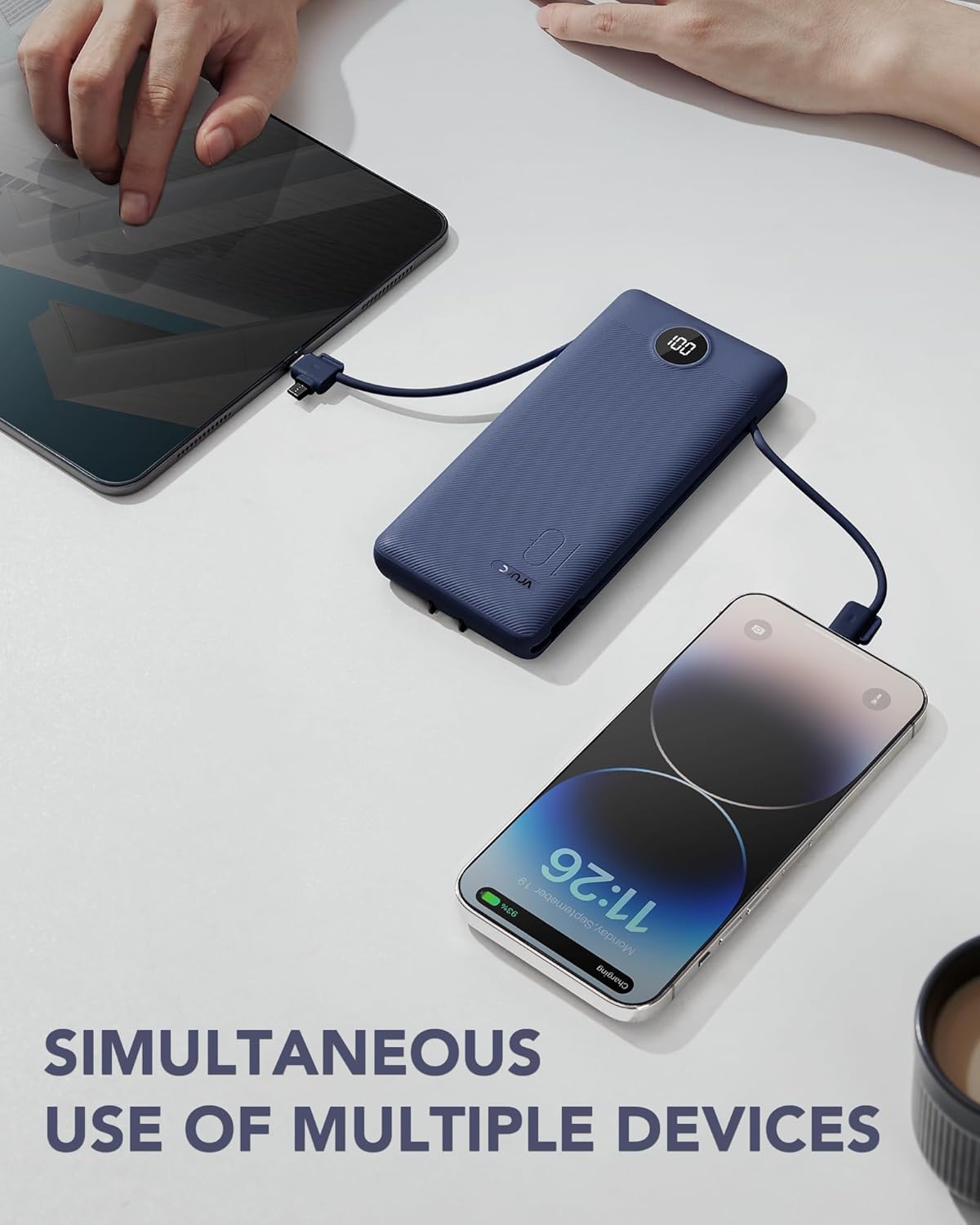 Portable Charger Built-in Cables and AC Wall Plug, VRURC USB C Power Bank 10000mAh, [2025 Upgraded Version] Phone Charger Compact Lightweight External Battery Pack for Smart Phones,Navy Blue