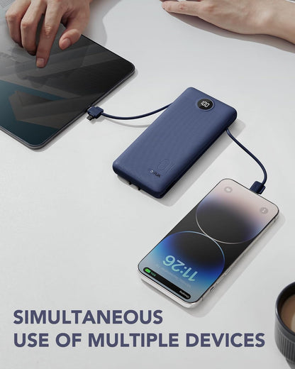 Portable Charger Built-in Cables and AC Wall Plug, VRURC USB C Power Bank 10000mAh, [2025 Upgraded Version] Phone Charger Compact Lightweight External Battery Pack for Smart Phones,Navy Blue