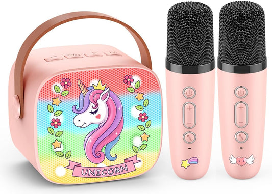 Mini Karaoke Machine for Kids, Exssary 3 4 5 6 7 8-12 Year Old Girl Gifts Portable Bluetooth Speaker with 2 Wireless Microphone Unicorn Toys Birthday Gifts for Girls Kids Teens (Pink)