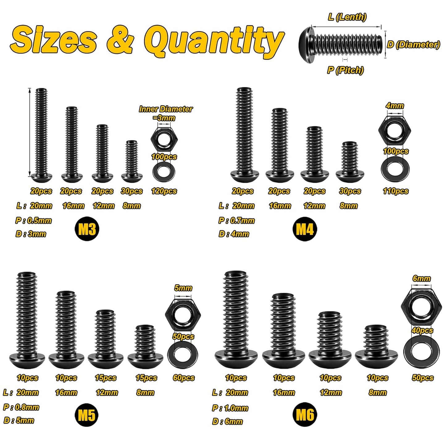 Mywish 900Pcs Metric Screw Assortment, M3 M4 M5 M6 Screw Assortment Kit 304 Stainless Steel Hex Socket Button Head Socket Cap Metric Screws Bolts & Flat Washers/Nuts/Hex Wrenches 16 Sizes 8MM to 20MM