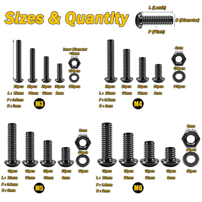 Mywish 900Pcs Metric Screw Assortment, M3 M4 M5 M6 Screw Assortment Kit 304 Stainless Steel Hex Socket Button Head Socket Cap Metric Screws Bolts & Flat Washers/Nuts/Hex Wrenches 16 Sizes 8MM to 20MM