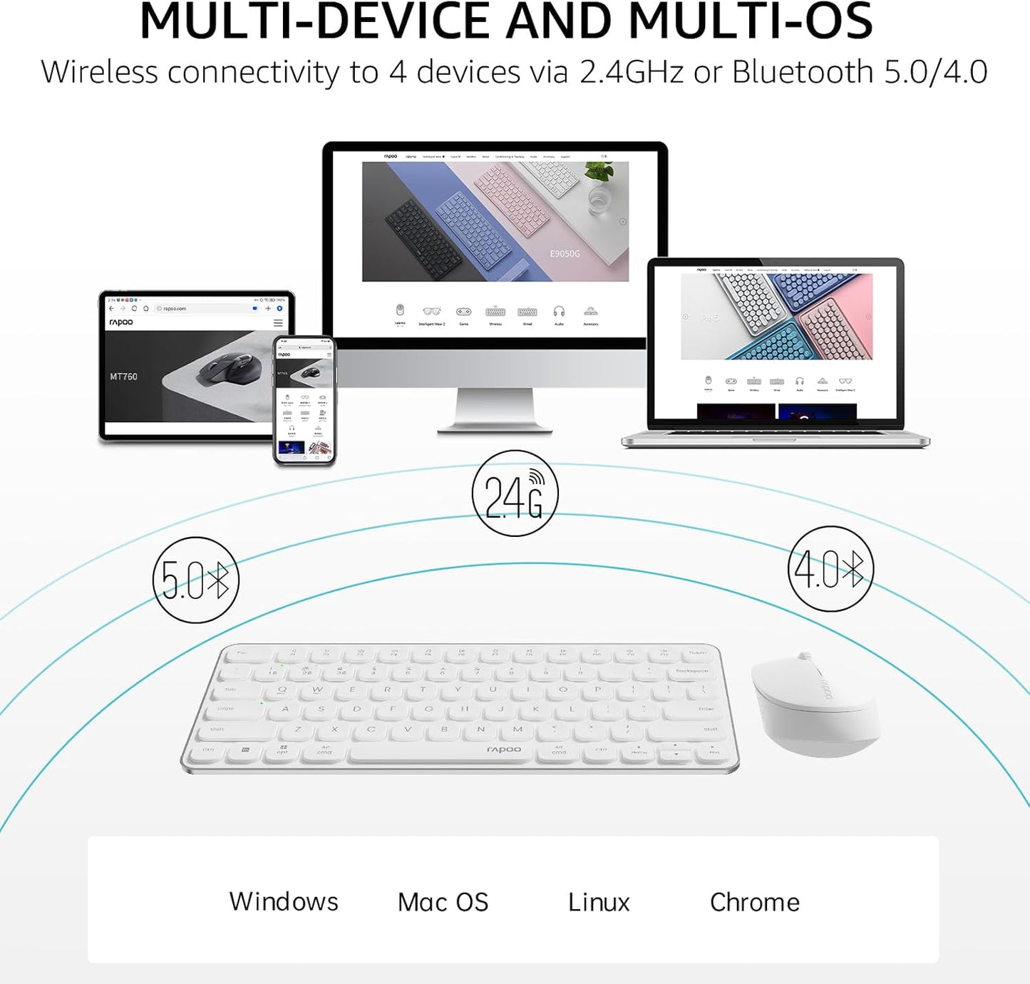 RAPOO Keyboard and Mouse Wireless - 9010M Multi-Device Wireless Keyboard Mouse Combo, 2.4GHz/Bluetooth 5.0/4.0 Wireless Keyboard Mouse Set for Windows/Mac/Linux/Chrome, Support 4 Devices, Silent Click