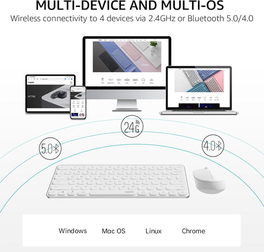 RAPOO Keyboard and Mouse Wireless - 9010M Multi-Device Wireless Keyboard Mouse Combo, 2.4GHz/Bluetooth 5.0/4.0 Wireless Keyboard Mouse Set for Windows/Mac/Linux/Chrome, Support 4 Devices, Silent Click - PuriLite