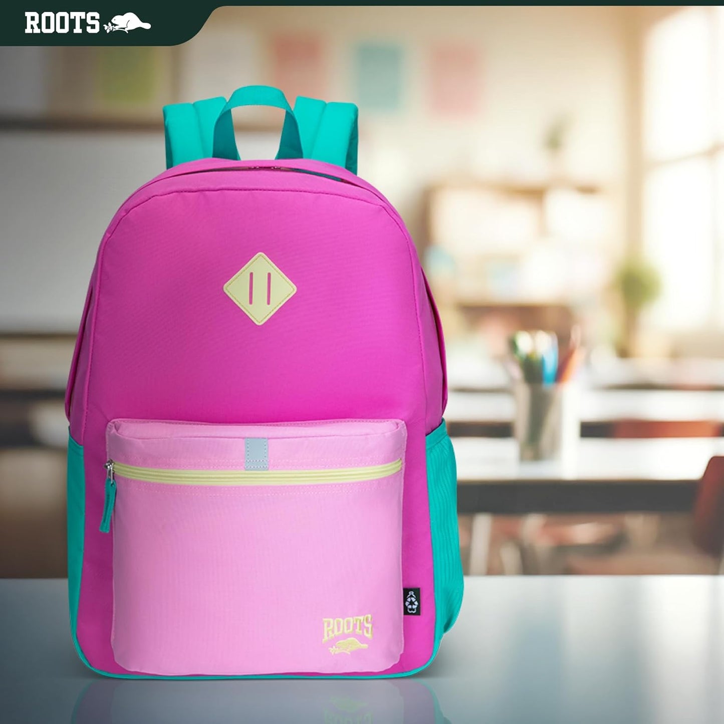 Roots Teen Lightweight Backpack — Made from Recycled Polyester with 15.6" Laptop Compartment, Rain Flap, Bottle Pocket, Reflective Accent, and Back Padding — 34L, Black