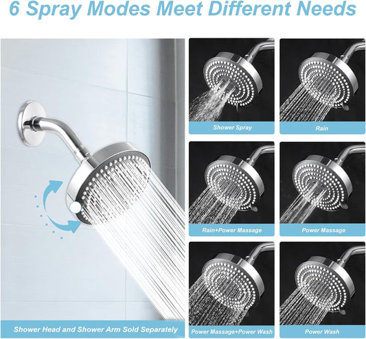 OFFO Shower Head, High Pressure Shower Head with 6 Mode, Fixed Showerheads for Strong Water Flow & Relaxing Shower Experience, Chrome - PuriLite