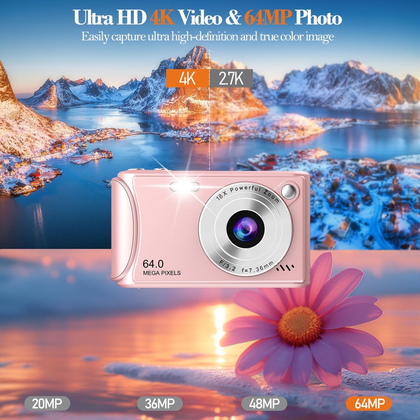 4K Digital Camera for Photography, 64MP Autofocus Vlogging Camera for YouTube, Anti-Shake, LED Screen, 18X Zoom, Point and Shoot Digital Camera for Teens Adult Beginner, 32GB High-Speed SD Card