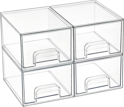 Stackable Clear Makeup Organizer Drawers, 4 Pack Acrylic Storage Bins for Bathroom, Vanity, Under Sink, Kitchen Cabinets, and Home Organization - PuriLite