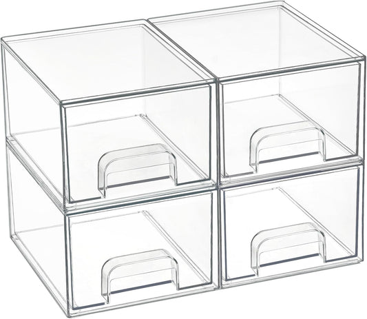 Stackable Clear Makeup Organizer Drawers, 4 Pack Acrylic Storage Bins for Bathroom, Vanity, Under Sink, Kitchen Cabinets, and Home Organization - PuriLite