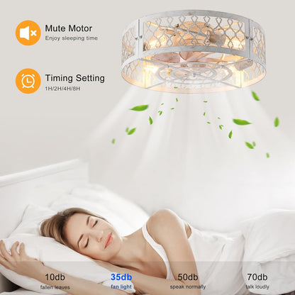 Garwarm Caged Low Profile Ceiling Fan with Lights and Remote, 20in Rustic Flush Mount Small Farmhouse Bladeless Ceiling Fan for Bedroom, Kitchen, Dining Room