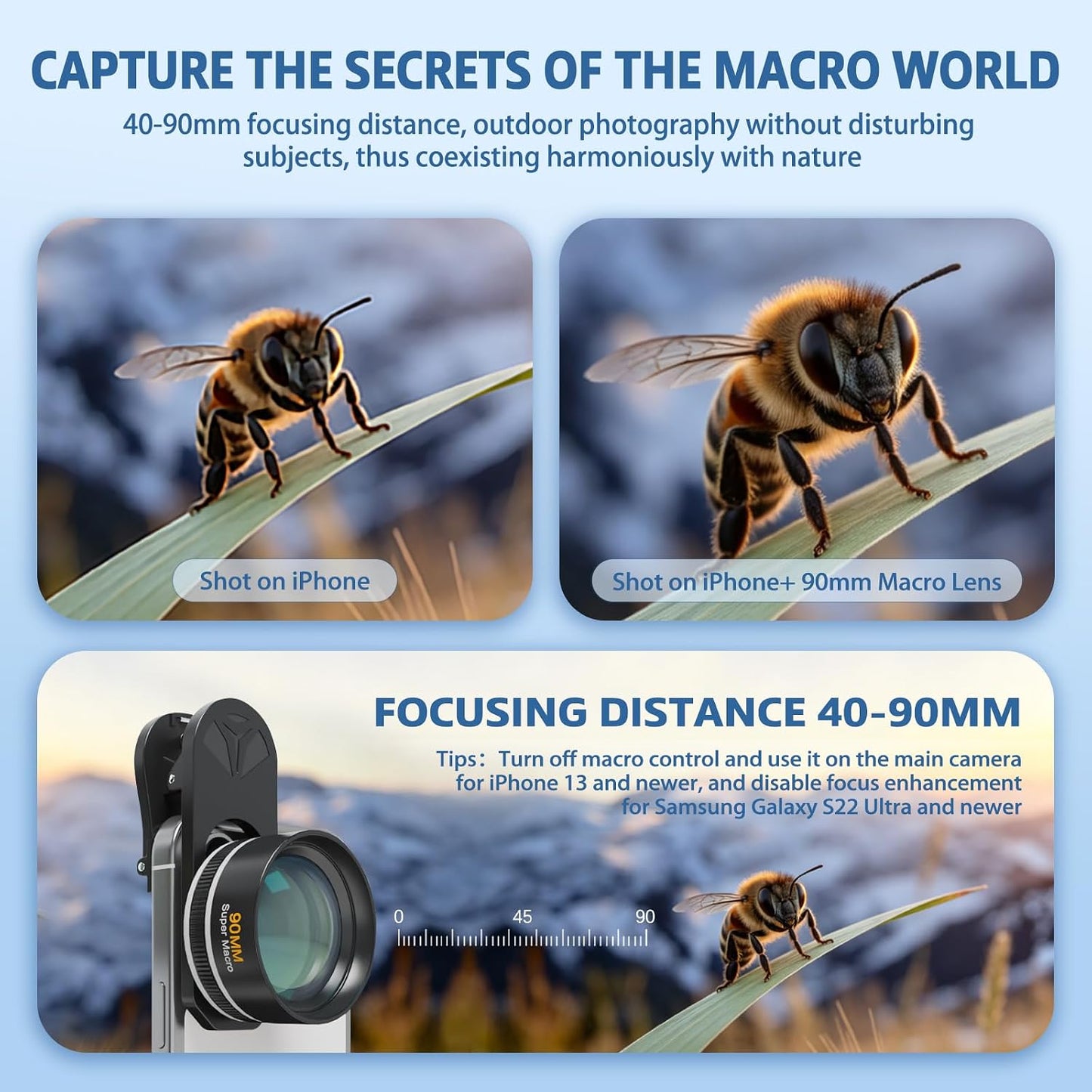 90mm Professional Macro Lens for Smartphone, Macro Lens Kit with Universal Lens Clip, Aluminum Phone Camera Lens Attachment for iPhone 17/16/15/12/11 Samsung & Android Phone
