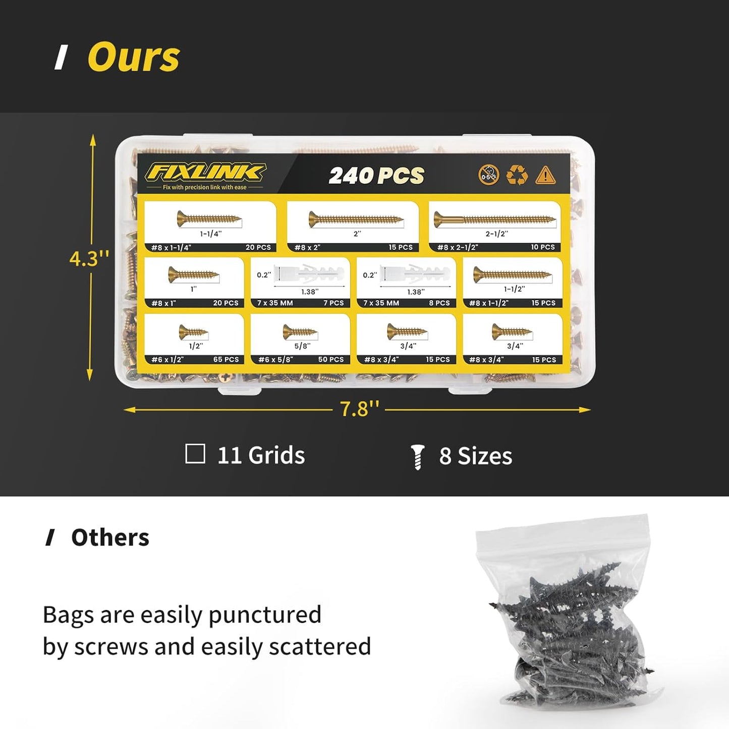 Wood Screws Assortment Kit, FIXLINK 240 PCS High Hardness Flat Head Wood Screws Set, Phillips Drive Screws, Contain 15PC Drywall Anchor and 8 Size (2-1/2”,2”,1-1/2”,1-1/4”,1”,3/4”,5/8”,1/2”), Black