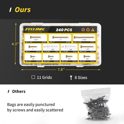 Wood Screws Assortment Kit, FIXLINK 240 PCS High Hardness Flat Head Wood Screws Set, Phillips Drive Screws, Contain 15PC Drywall Anchor and 8 Size (2-1/2”,2”,1-1/2”,1-1/4”,1”,3/4”,5/8”,1/2”), Black