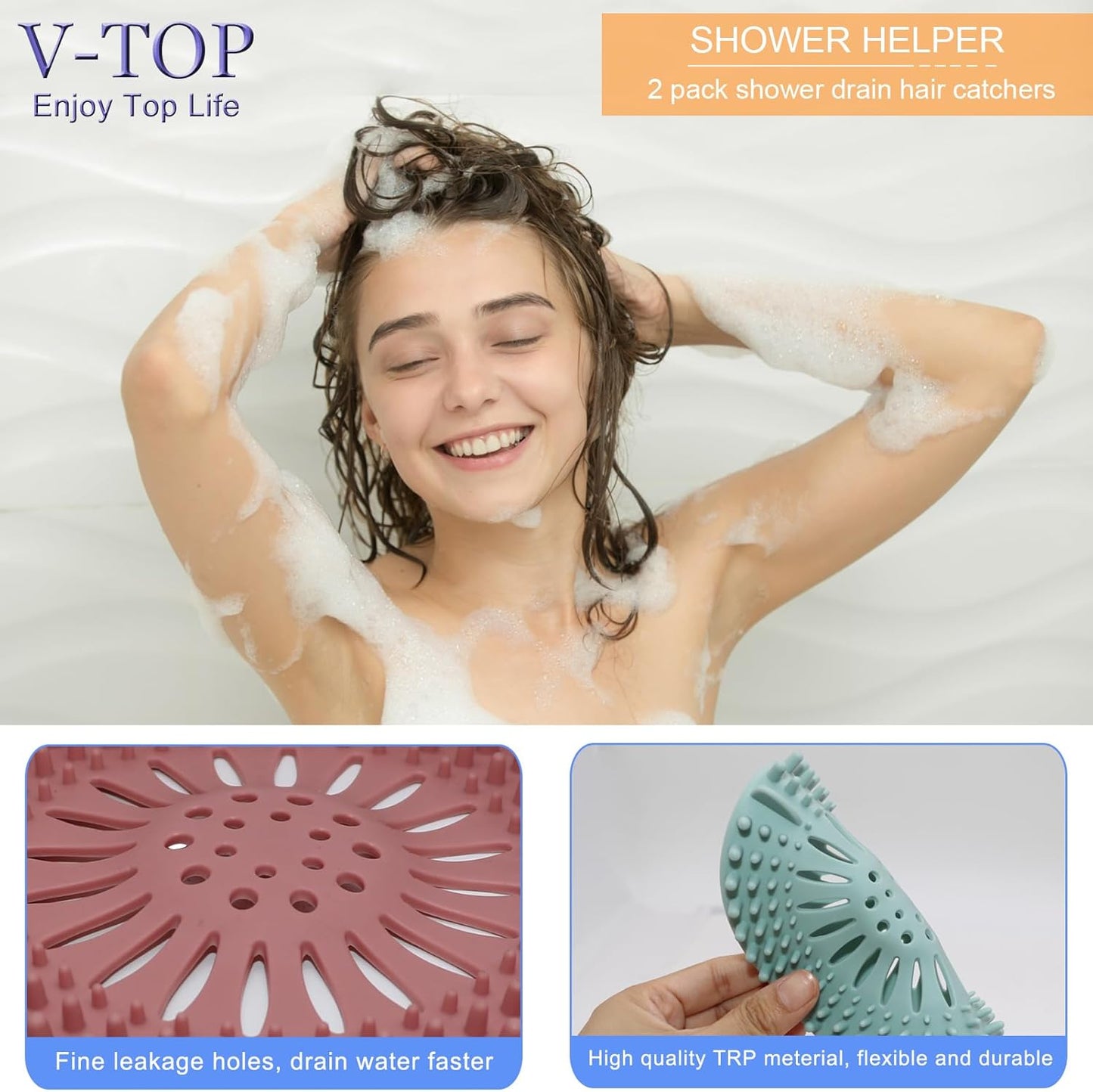 V-TOP Tub Stopper 2 Pack, 6 inches Large Silicone Drain Plug Hair Stopper Flat Suction Cover for Kitchen Bathroom Accessories and Laundry