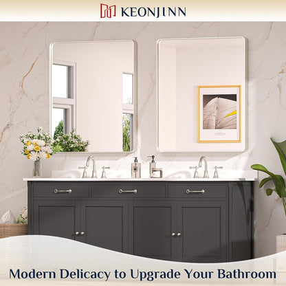 Keonjinn 42 x 36 Brushed Nickel Bathroom Vanity Mirror, Large Rounded Rectangle Bathroom Mirrors for over Sink, Metal Framed Silver Mirror for Wall, Shatterproof HD Tempered Glass(Horizontal/Vertical)