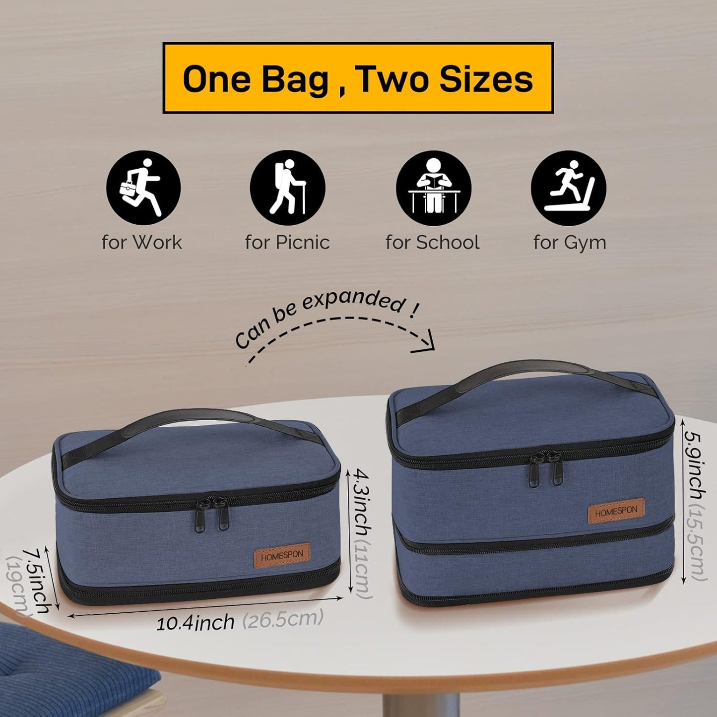 HOMESPON Expandable Lunch Bag for Men Women Insulated Lunch Box Holder with Handle for Picnics Work Travel (Blue)