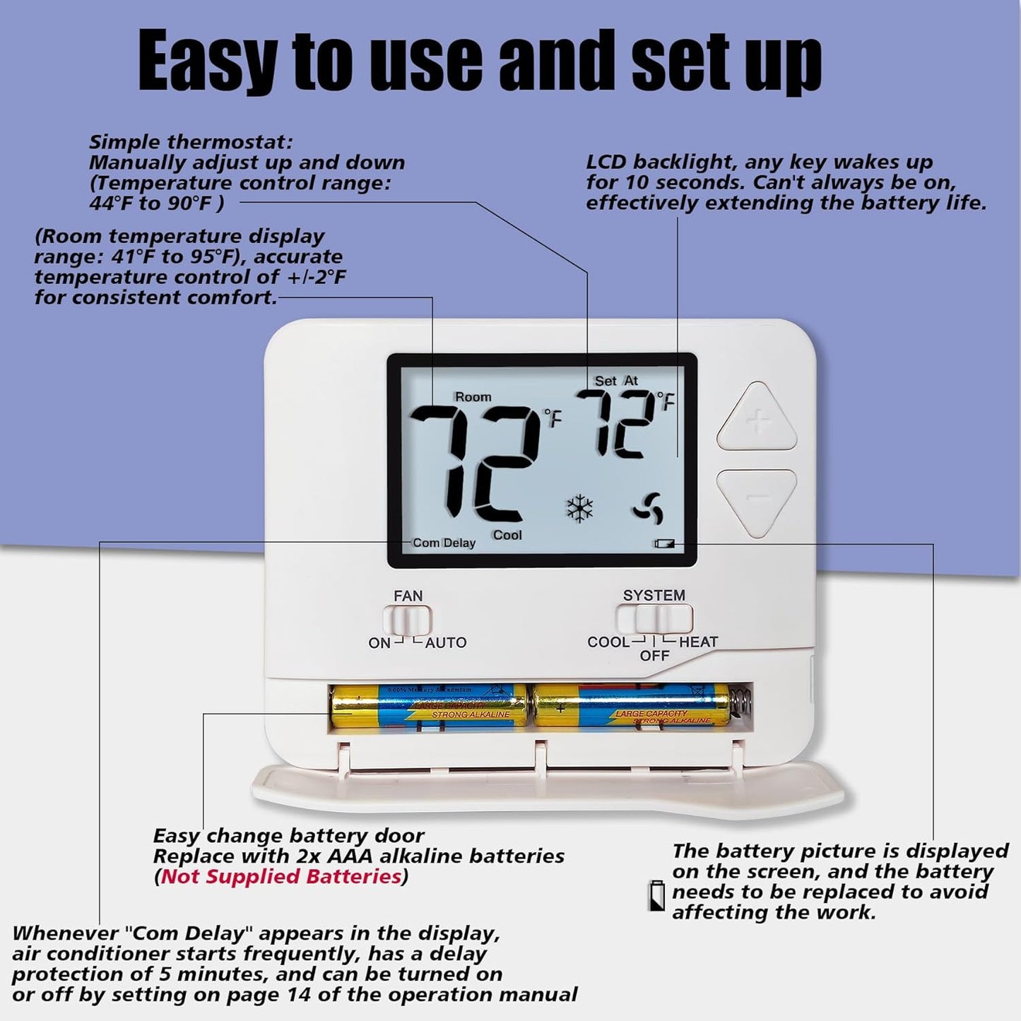 Heagstat Non-Programmable Thermostats for Home Single-Stage 1 Heat/ 1 Cool (with Green Backlight)