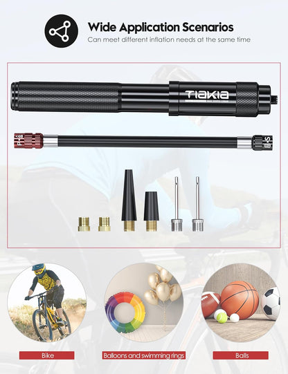 Tiakia Mini Bike Pump Portable Bicycle Pump Compact High Pressure Frame Pump 260PSI- Air Hand Pump Fit Presta, Schrader & Woods Valves,Aluminum Alloy Durable Tire Pump for Road/Mountain/BMX Bikes