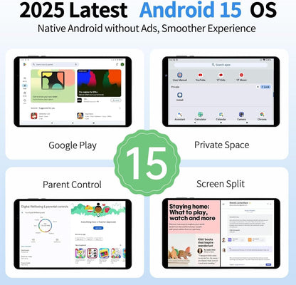 2025 Topsand Android 15 Tablet 8 inch Tablet, Octa-Core Processor, 12GB RAM 64GB ROM 2TB Expandable, 1280 * 800 IPS HD Screen, WiFi6, BT5.4, Widevine L1, 5MP+8MP Dual Camera