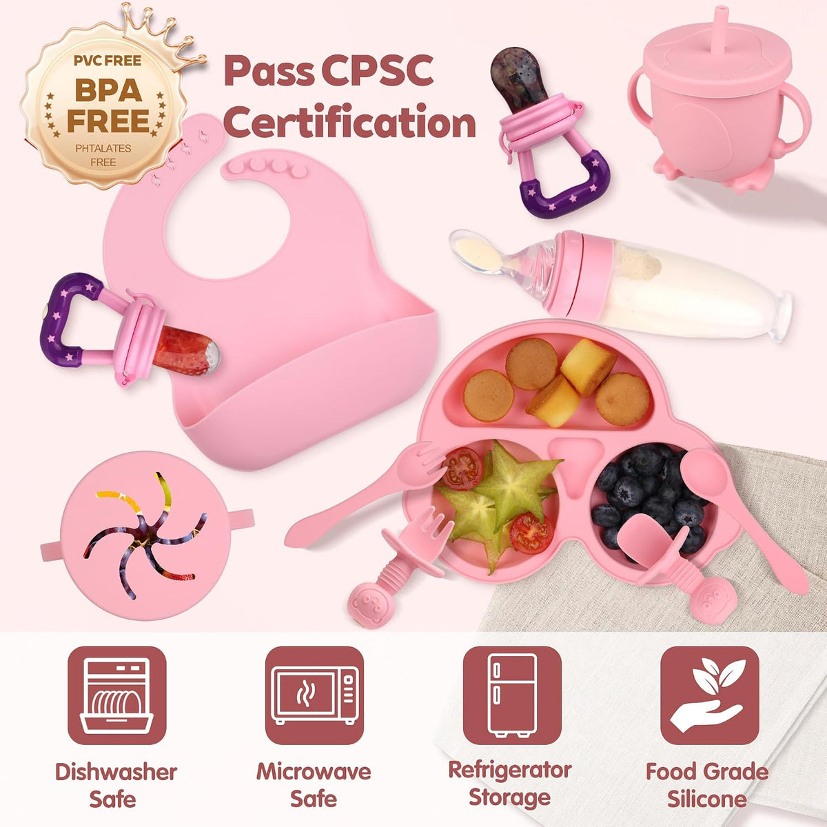 Silicone Baby Feeding Set,Miicasa Baby Led Weaning Supplies Kit With Suction Bowl & Car Plate, Bib, Spoon, Fork, Cup - Food-Grade Silicone, Dishwasher-Safe, No BPAs - For 3+ Months