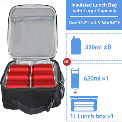 Insulated Lunch Bag, Leakproof Portable Lunch Box for Women Men Boys Girls, Large Capacity Cooler Bag with Handle and Bottle Pocket for Office School Camping Hiking Outdoor Beach Picnic (Black)