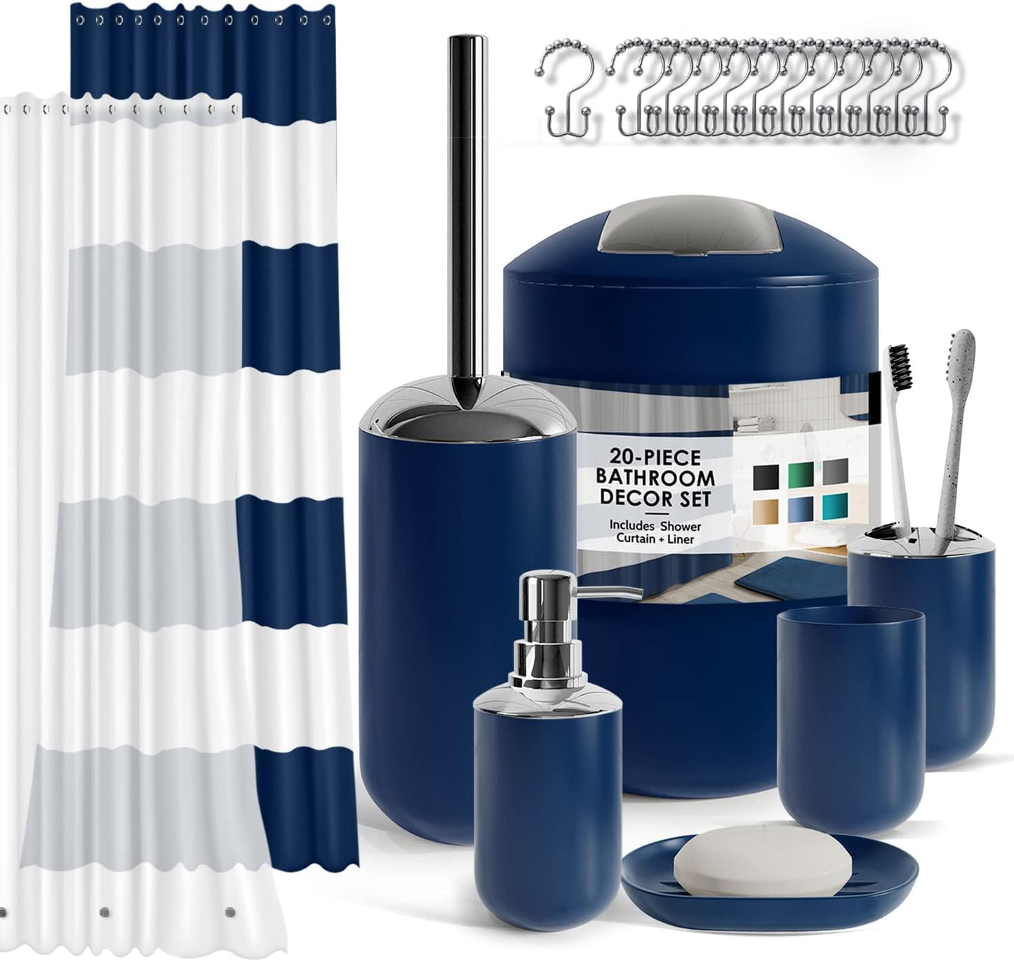 Clara Clark Bathroom Set - Gray Bathroom Accessories Set, Bathroom Sets with Shower Curtain and Rugs, 23PC Shower Curtain Set with Liner, Soap Dispenser, Soap Dish, Toilet Brush Holder, and Trash Can