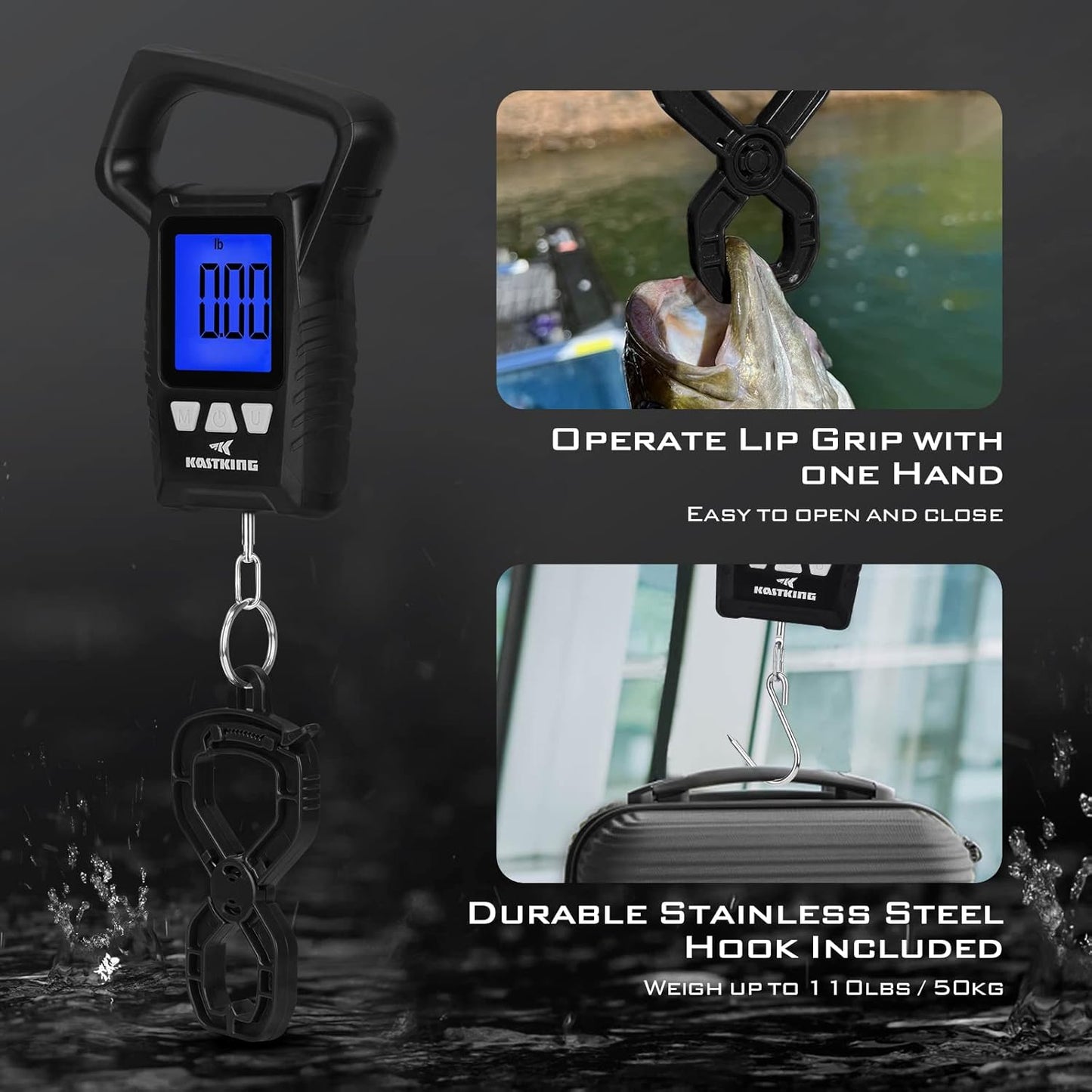 KastKing Fish Scale, WideView Floating Waterproof Digital Scale with No-Puncture Lip Gripper, 2.5” Large LCD Display, 110lb Capacity, Stores up to 9 Weights, Black