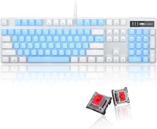 Mechanical Gaming Keyboard, 104 Keys White Backlit Mechanical Keyboards with Red Switches & Double-Shot Keycaps, MageGee Wired Ergonomic Computer Keyboard for Desktop, PC Gamers (White & Blue) - PuriLite