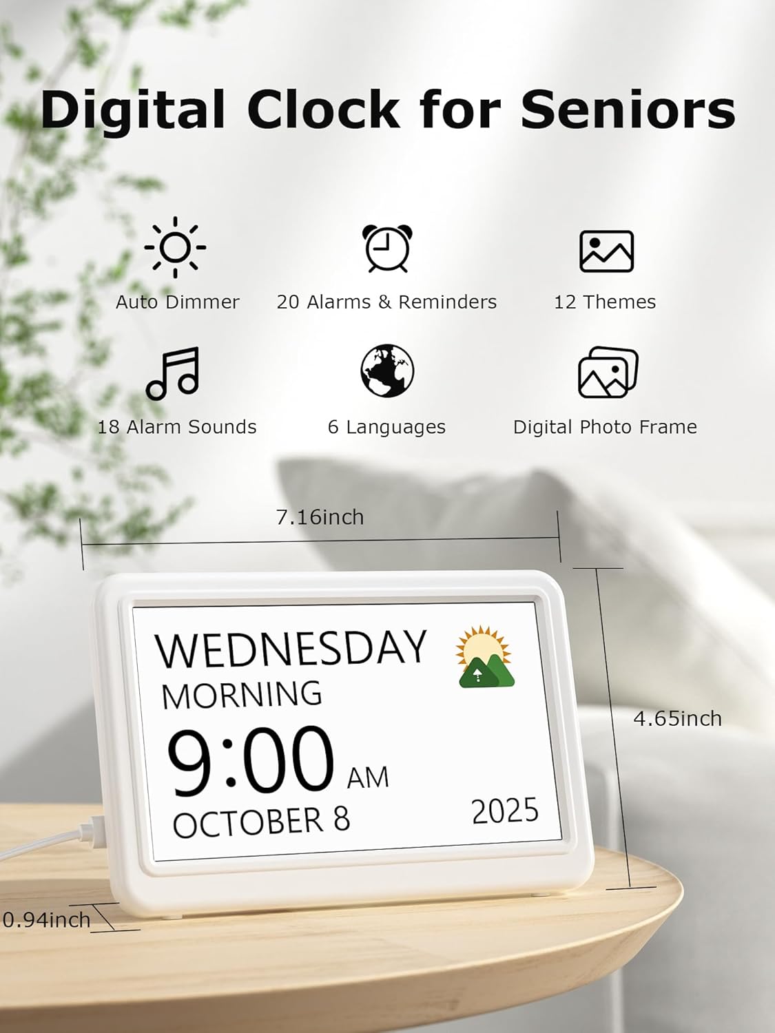 10.1'' Large Display Dementia Clock for Seniors, Calendar Clock with Remote Control,12 Themes, 20 Alarms, 20 Reminders, 6 Languages, Auto Dimming, 12/24 Hours, Indoor Temperature, Humidity
