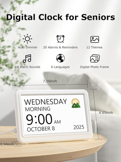 10.1'' Large Display Dementia Clock for Seniors, Calendar Clock with Remote Control,12 Themes, 20 Alarms, 20 Reminders, 6 Languages, Auto Dimming, 12/24 Hours, Indoor Temperature, Humidity