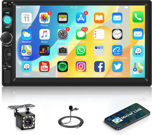 Rimoody 7 Inch Car Stereo Double Din Radio Touch Screen Bluetooth Handsfree Mirror Link USB SD EQ FM Multimedia Radio with Backup Camera Car Audio Receivers