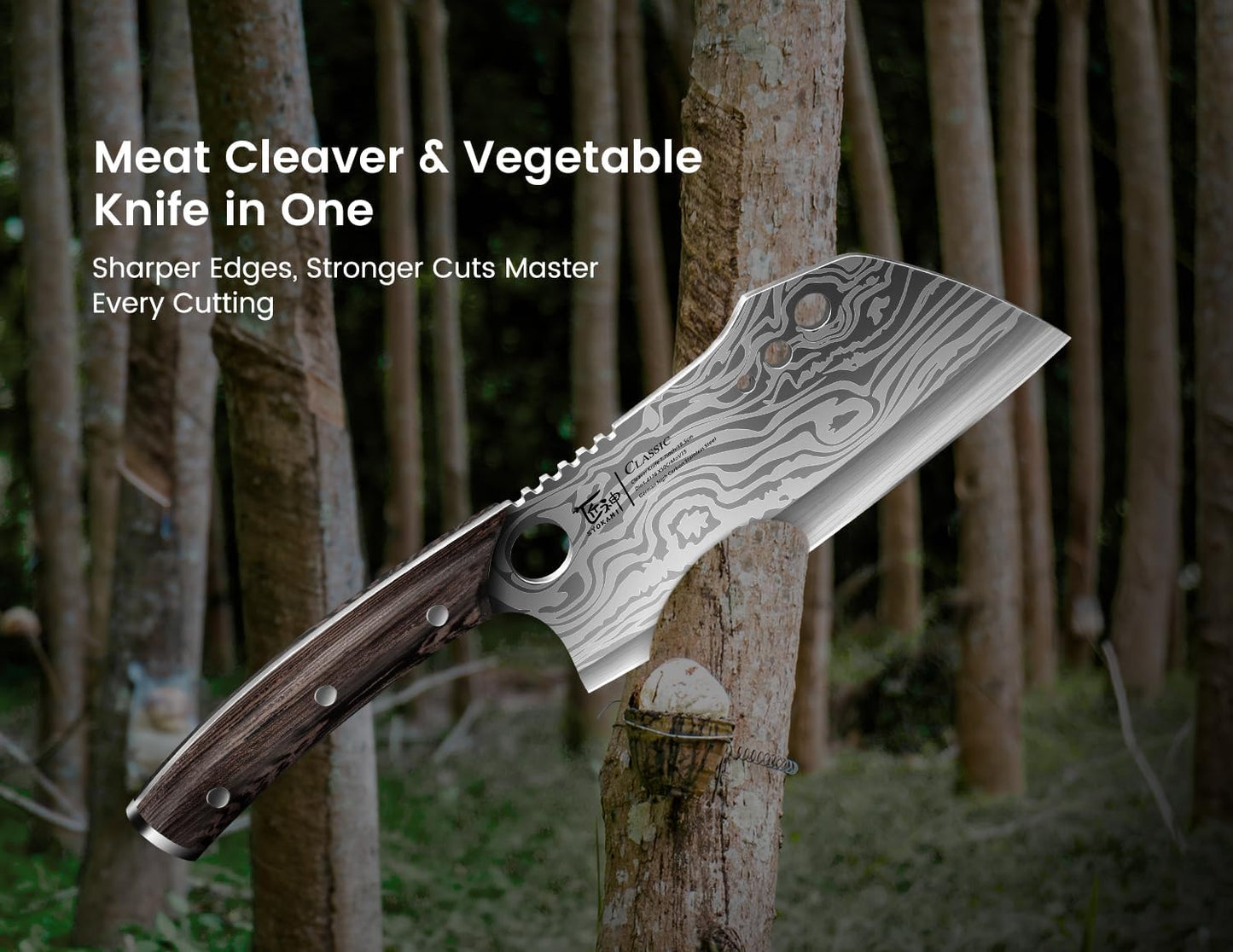 SYOKAMI Meat Cleaver Chef Knife, 7.7 Inch Multifunction Butcher Knife with Herb Stripper and Sheath, Chinese Cleaver Heavy Duty Bone Chopper, Meat Cutting, Damascus Pattern Full Tang Wood Handle