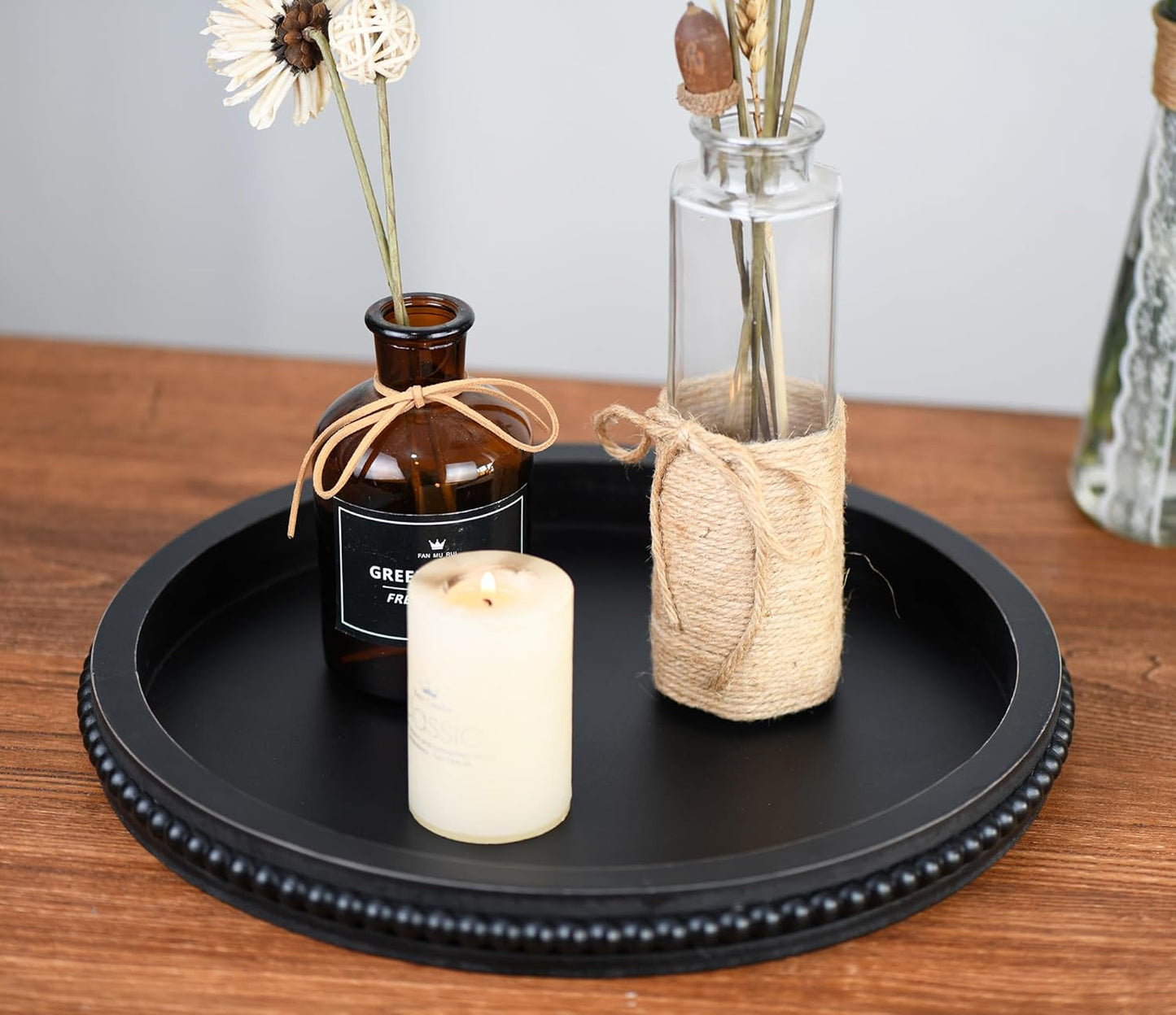 Funly mee 12.6” Round Rustic Wood Serving Tray – Black Decorative Coffee Table, Snack, Fruit & Tea Tray for Home, Kitchen, Party - PuriLite