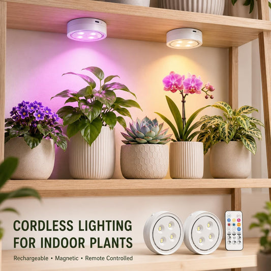 Rechargeable Grow Lights for Indoor Plants, 4000mAh Full Spectrum Wireless Magnetic Puck Grow Lights with Remote Control, Timer, Stepless Dimming and Type-C Charging for Plant Shelf and Flowers