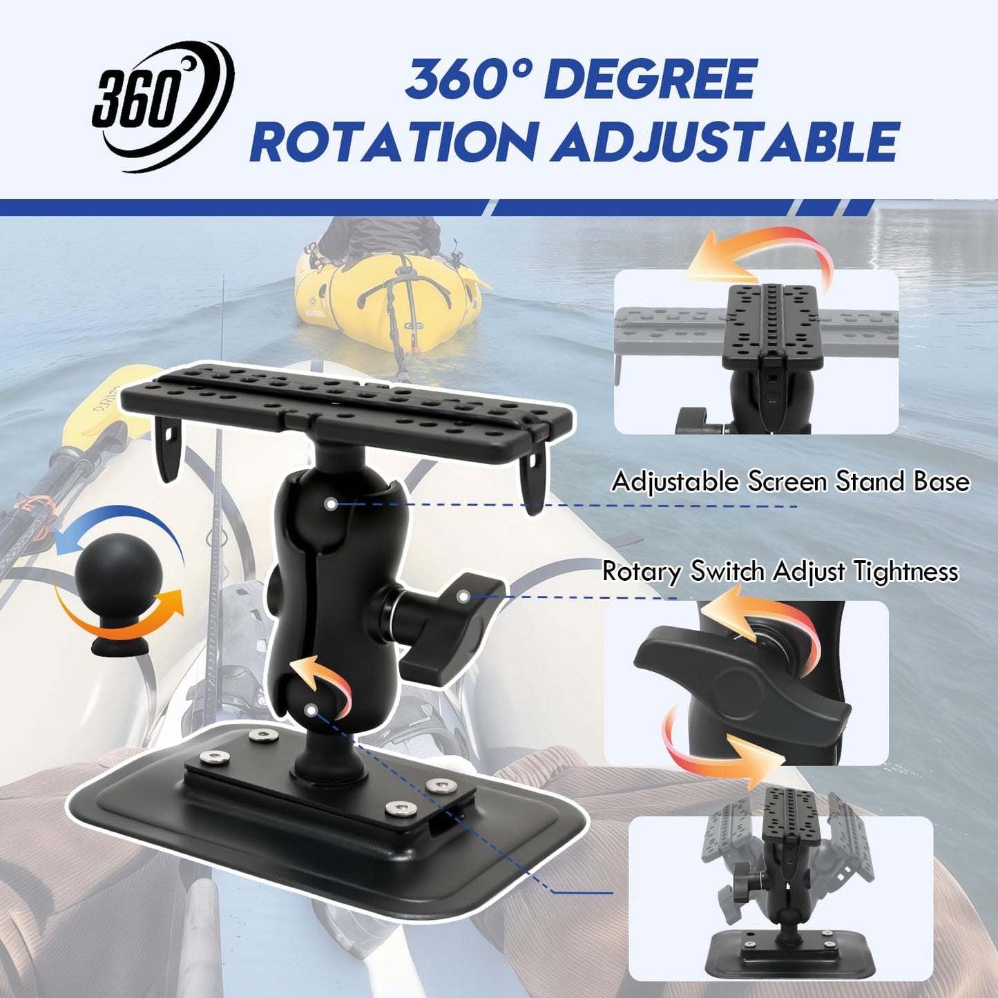 1.5" / C Size Ball Fish Finder Mount with Glue-On Pad (PVC) for Inflatable Boats/Kayak, 360° Rotation Marine Electronic/Depth Finder Mount, Compatible with Garmin, Lowrance, Humminbird and More
