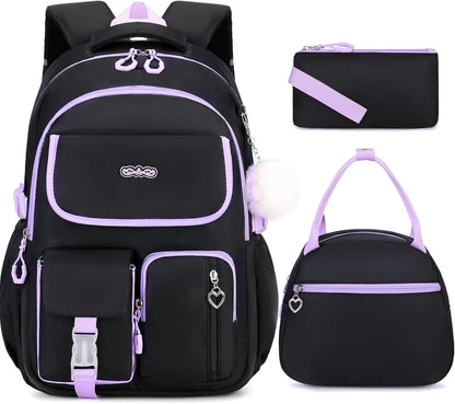 3PCS School Backpack for Girls with Lunch Box Pencil Pouch for Teen Girls Children Elementary Primary Middle High College Daypack School bag Bookbag Set Pink