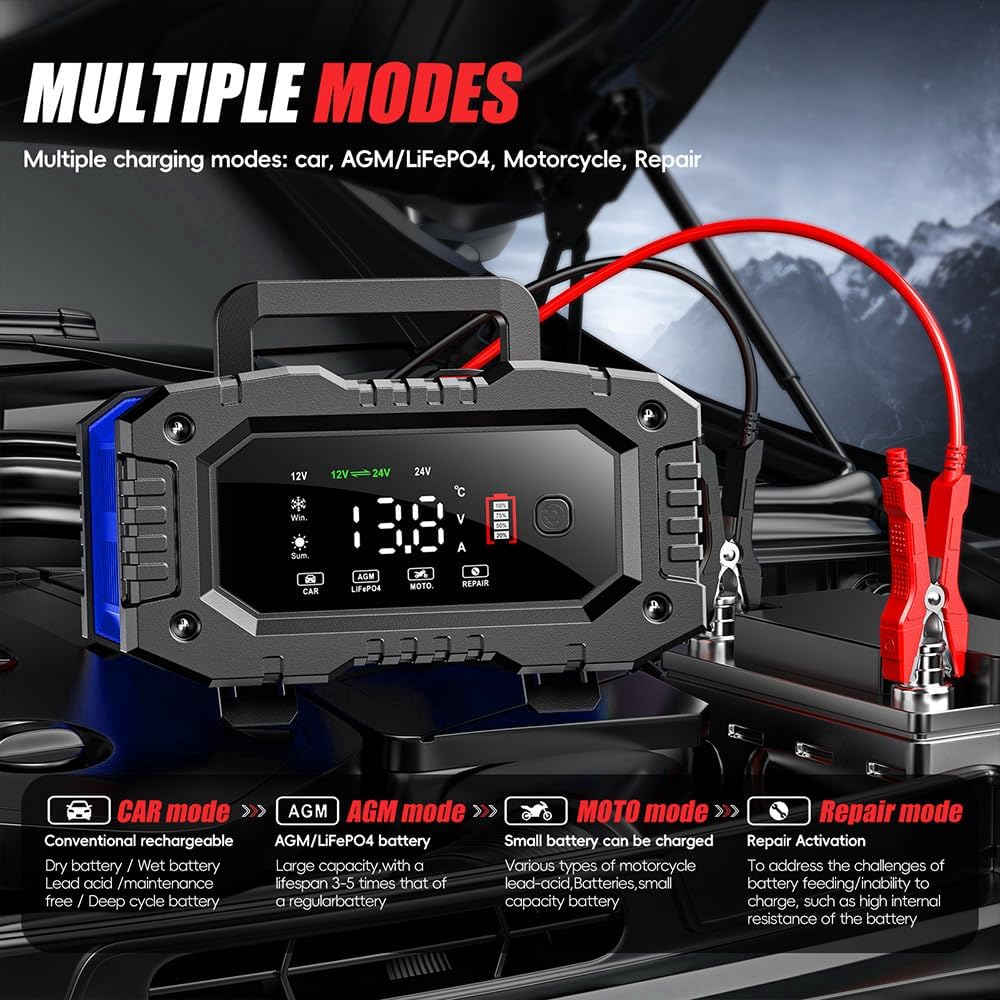 IRICO Multi-Stage Smart Battery Charger for Lithium-ion, LifePo4, AGM, Gel, SLA, Wet, EFB, Deep Cycle Batteries, with Repair Feature. Charge at 12V, 10A or 24V, 5A (12V 10A)