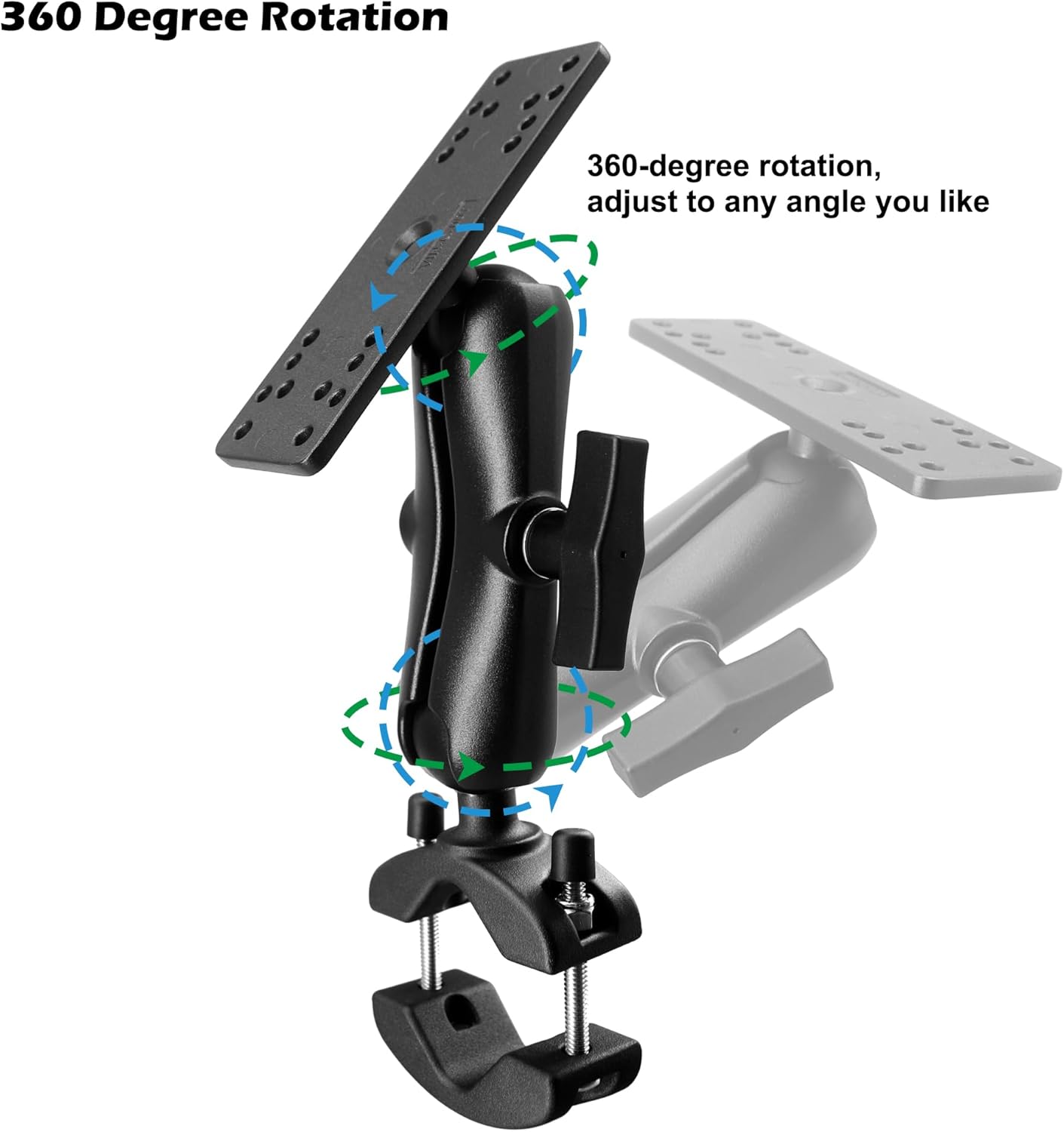 WINDFRD 1.5" Ball Aluminum Fish Finder Mount with Clamp Base for Rails 1.18'' to 2'' in Diameter, Medium Arm Marine Electronic/Depth Finder Mount for Boat, Compatible with Garmin, Lowrance and More