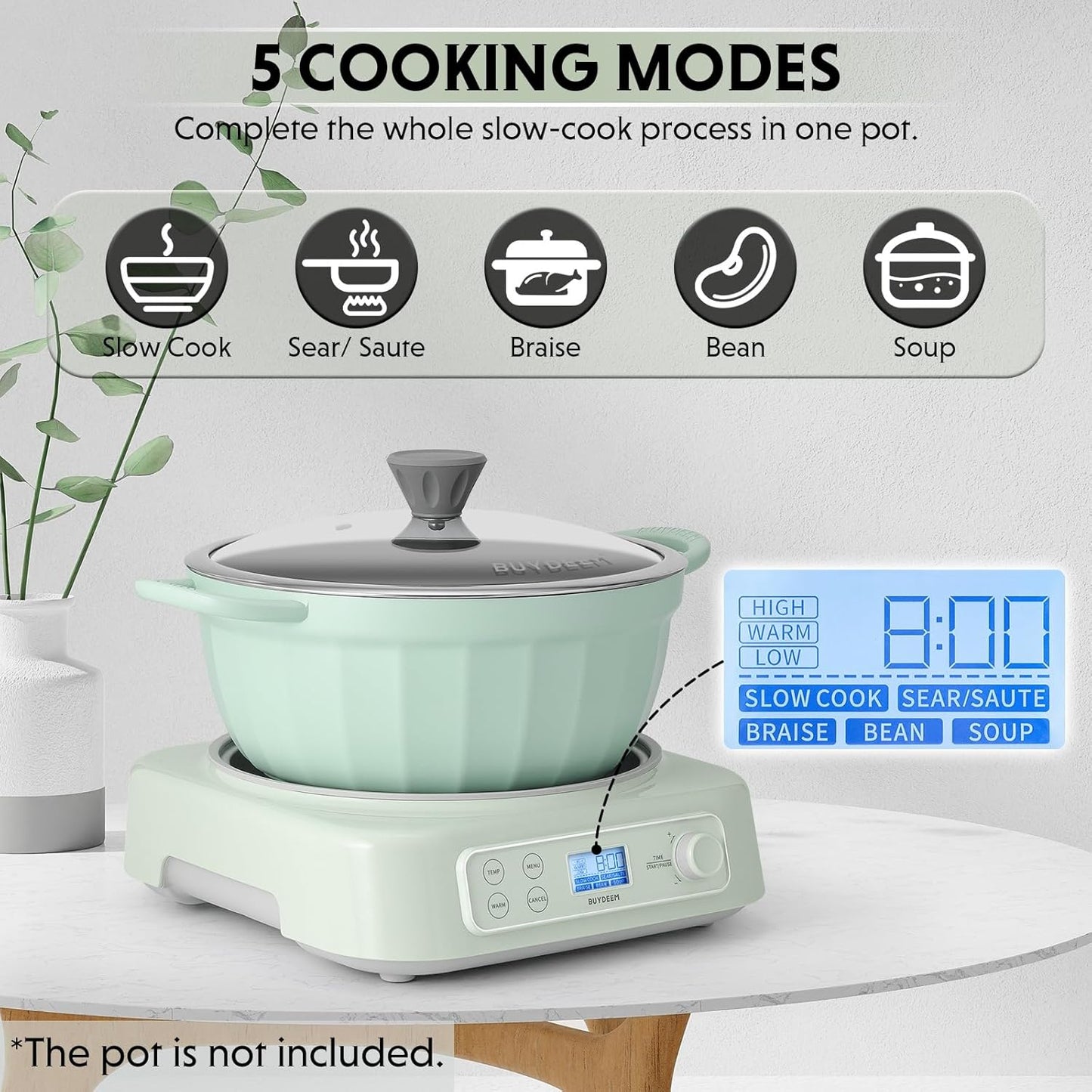 BUYDEEM LP55 5-in-1 Slow Cooker, Compatible with Various Cookwares, Multi-Cooker with Two Temperature Settings, Auto Keep Warm for 2H, Cozy Greenish, No Pot Included