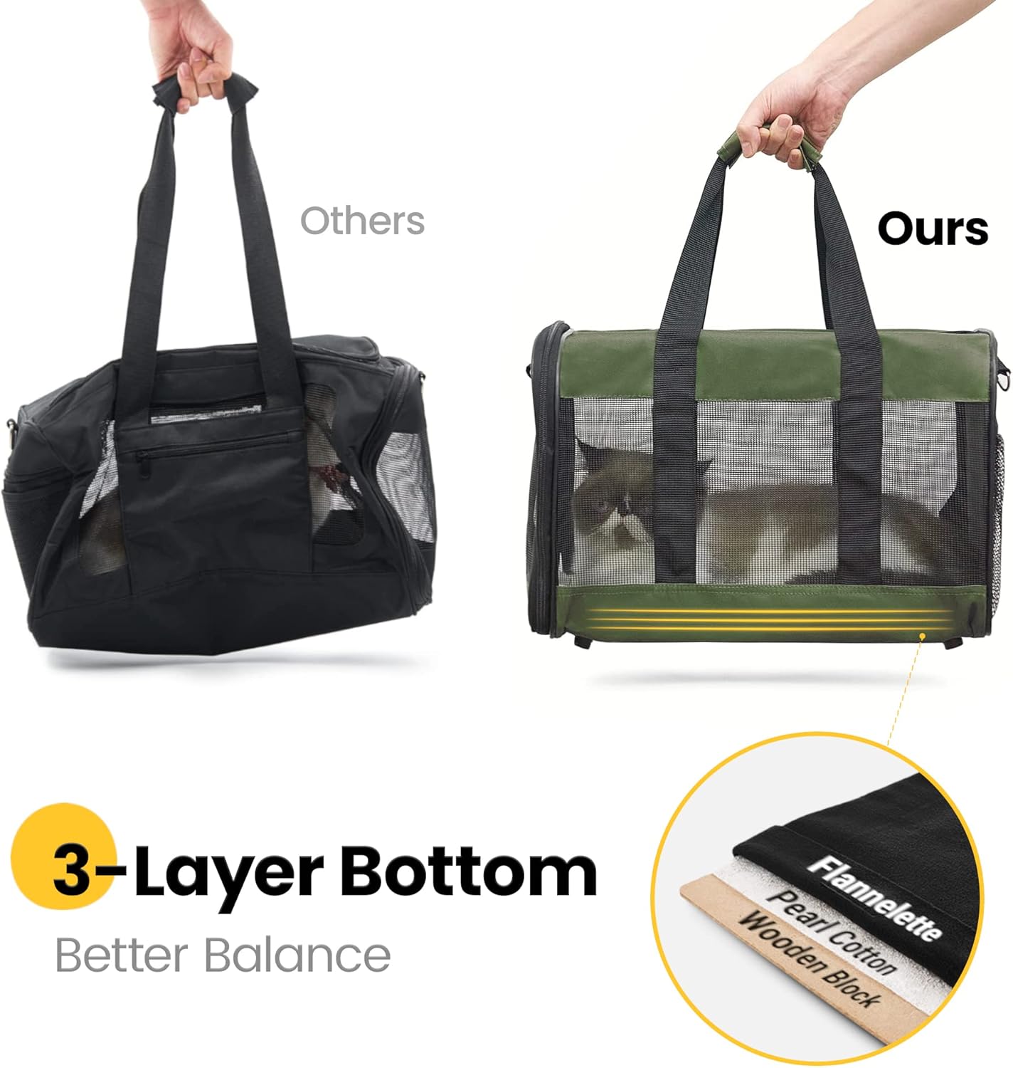 Conlun Cat Carrier Airline Approved, Soft-Sided Dog Carrier with Inner Safety Leash, Pet Transport Carrier for Small-Medium Cats Puppies up to 15 Lbs, Collapsible Travel Kitten Carrier Bag -Black M