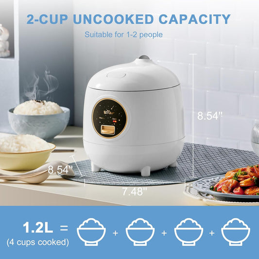 Mini Rice Cooker | 2-Cup Portable Non-Stick Rice Cooker with One-Touch Cooking and Keep Warm