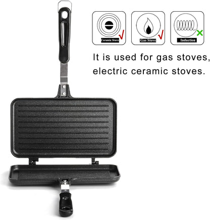 SOUJOY Sandwich Maker, Non-stick Grill Panini Maker Pan with Handle, Stovetop Toasted Aluminum Flip Pan Indoor Outdoor Camping Home Kitchen Breakfast