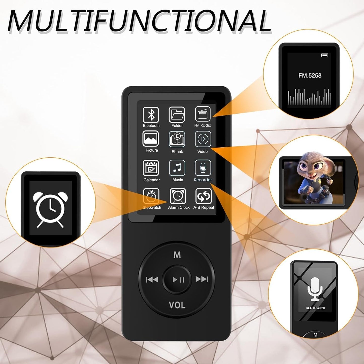 64GB MP3 Player with Bluetooth, SKYBESS HiFi Lossless MP3 Music Players with HD Speaker, FM Radio, Video, Voice Recorder, Alarm Clock Function, Including Earphones, Supports Random Playback