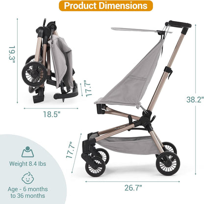 Lightweight Baby Travel Stroller, 8.4 Lbs Compact Airplane Friendly Stroller, One-Hand Quick Fold Design, Breathable Fabric with UPF 50+ Sun Canopy, Overhead Bin Compatible Portable Car for Infants & Toddlers,Grey