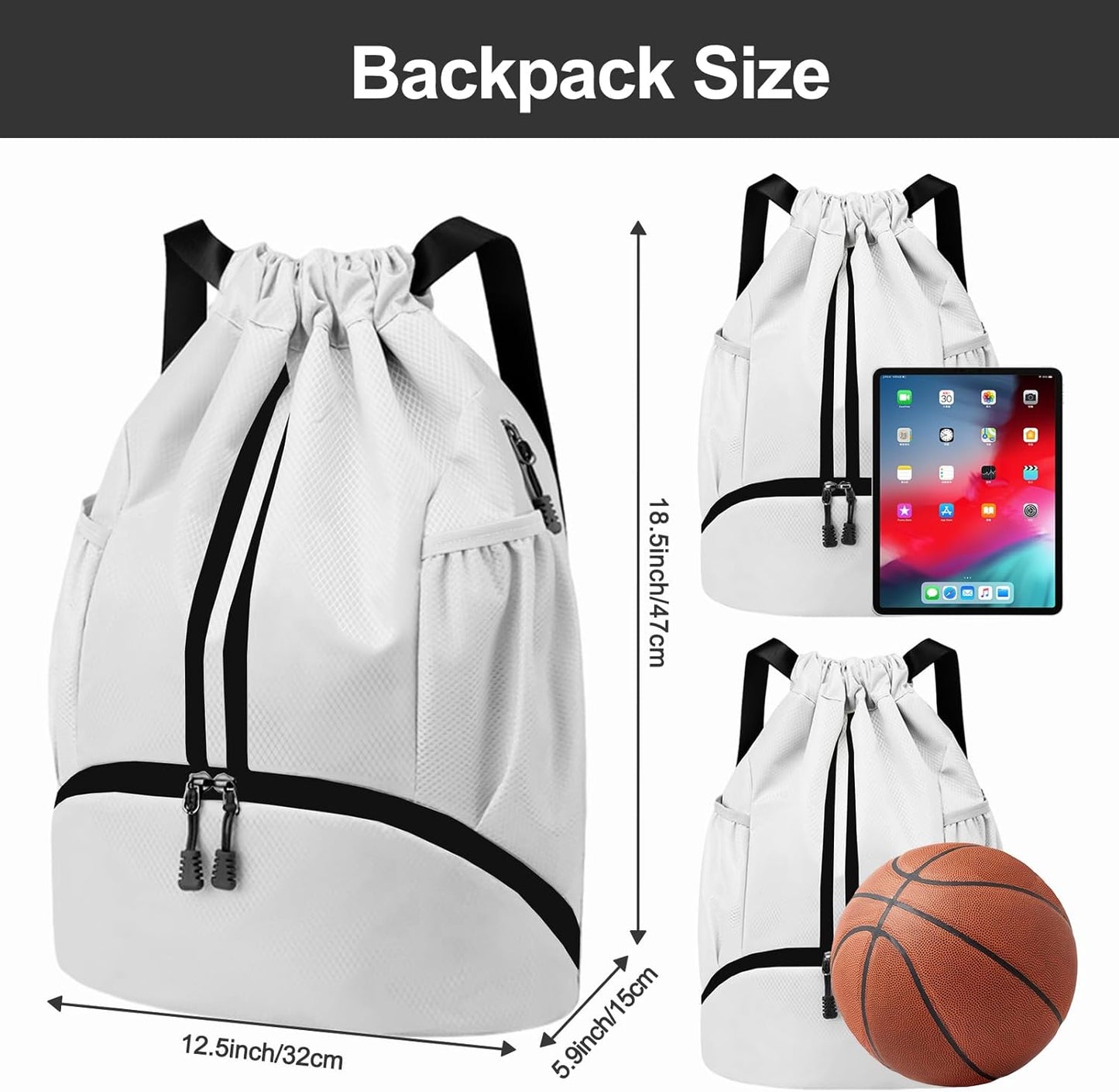 Hoedia Sports Drawstring Backpack - String Swim Gym Bag with Shoes Compartment and Wet Proof Pocket for Women/Men