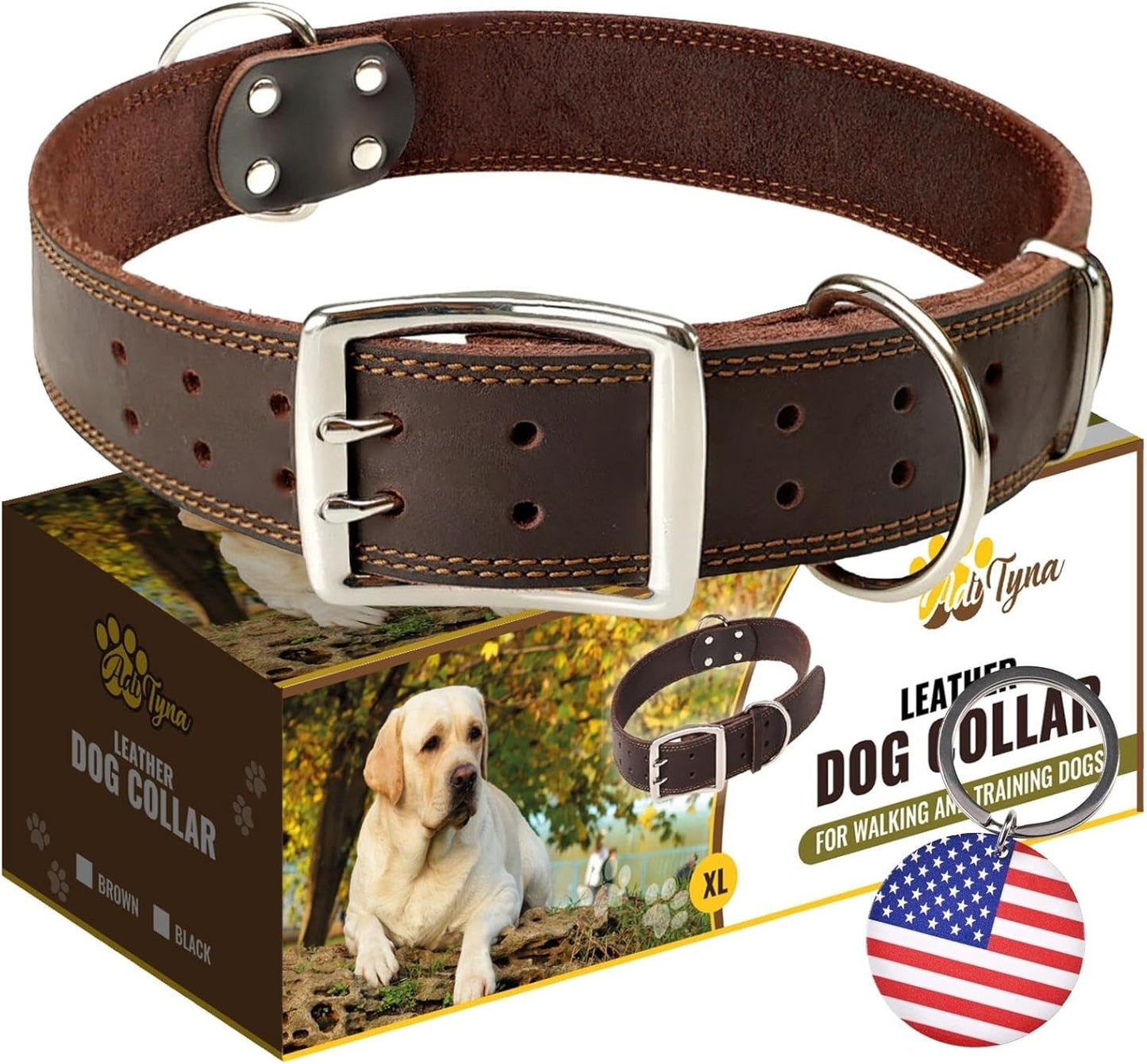 ADITYNA Heavy-Duty Leather Dog Collar for Medium Dogs - Soft and Strong, 100% Genuine Leather - Collier Pour Chien (Medium: Fit 13" - 20" Neck, Brown)