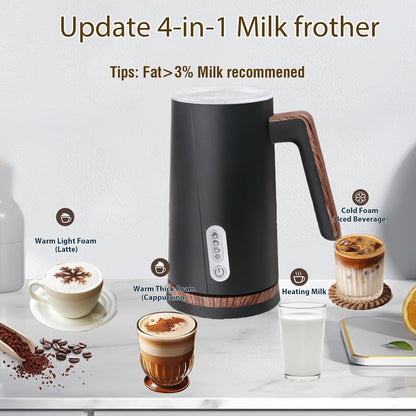 Electric Milk Frother and Steamer, 4-in-1 Milk Steamer with Wood Elements Design, Automatic Hot & Cold Foam Maker for Latte, Cappuccinos, Macchiato, Milk Warmer (Black)