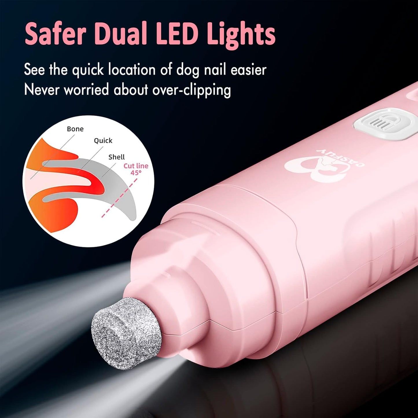 Casfuy Dog Nail Grinder with 2 LED Light for Large Medium Dogs - 3X More Powerful 2-Speed Electric Pet Nail Trimmer Rechargeable Quiet Painless Paws Grooming & Smoothing Tool